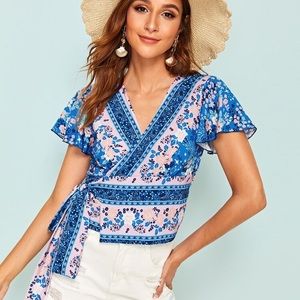 Lulus tribal floral mosaic boho wrap blouse top